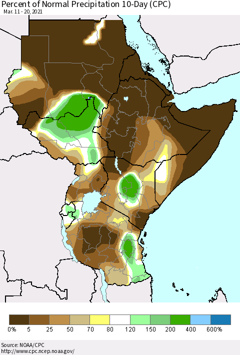 Eastern Africa Percent of Normal Precipitation 10-Day (CPC) Thematic Map For 3/11/2021 - 3/20/2021
