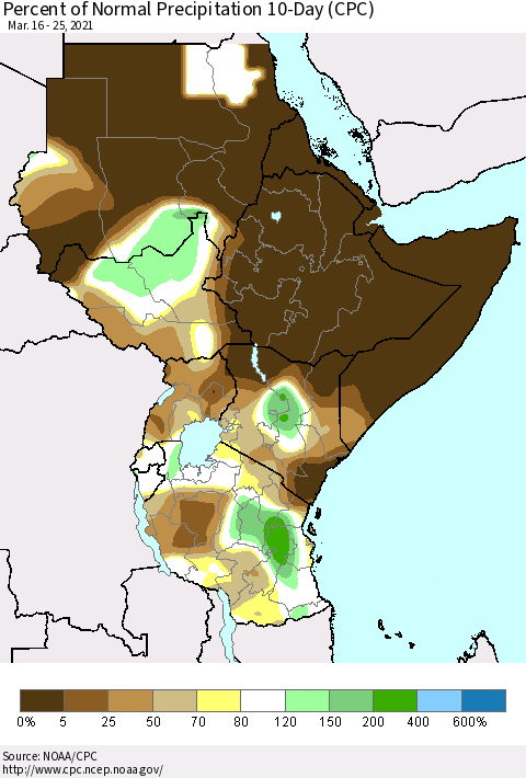 Eastern Africa Percent of Normal Precipitation 10-Day (CPC) Thematic Map For 3/16/2021 - 3/25/2021