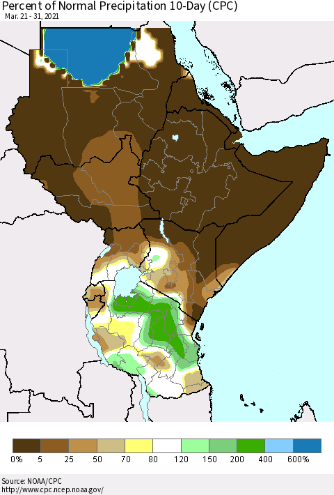 Eastern Africa Percent of Normal Precipitation 10-Day (CPC) Thematic Map For 3/21/2021 - 3/31/2021
