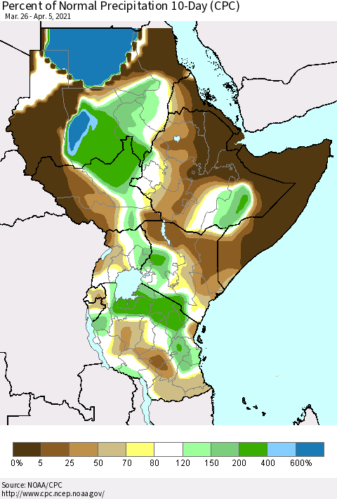 Eastern Africa Percent of Normal Precipitation 10-Day (CPC) Thematic Map For 3/26/2021 - 4/5/2021