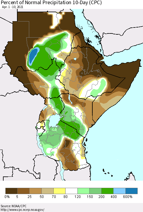 Eastern Africa Percent of Normal Precipitation 10-Day (CPC) Thematic Map For 4/1/2021 - 4/10/2021