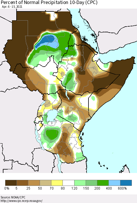 Eastern Africa Percent of Normal Precipitation 10-Day (CPC) Thematic Map For 4/6/2021 - 4/15/2021