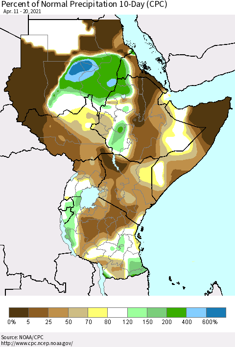Eastern Africa Percent of Normal Precipitation 10-Day (CPC) Thematic Map For 4/11/2021 - 4/20/2021