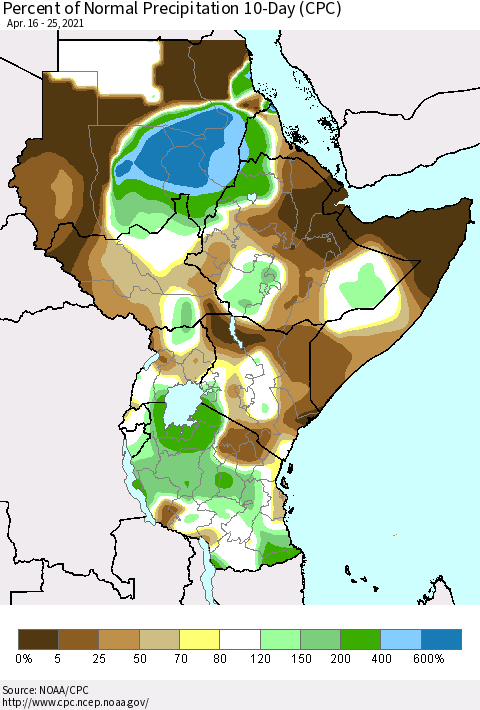Eastern Africa Percent of Normal Precipitation 10-Day (CPC) Thematic Map For 4/16/2021 - 4/25/2021