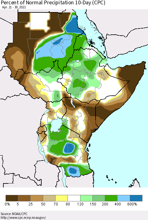 Eastern Africa Percent of Normal Precipitation 10-Day (CPC) Thematic Map For 4/21/2021 - 4/30/2021