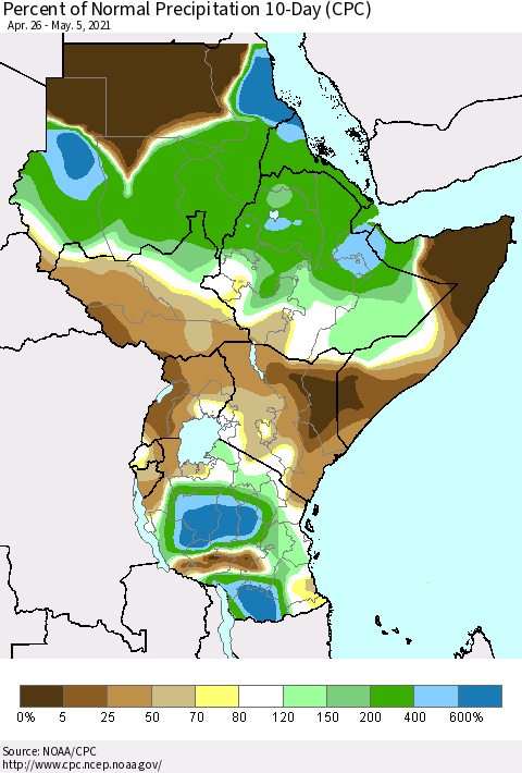 Eastern Africa Percent of Normal Precipitation 10-Day (CPC) Thematic Map For 4/26/2021 - 5/5/2021