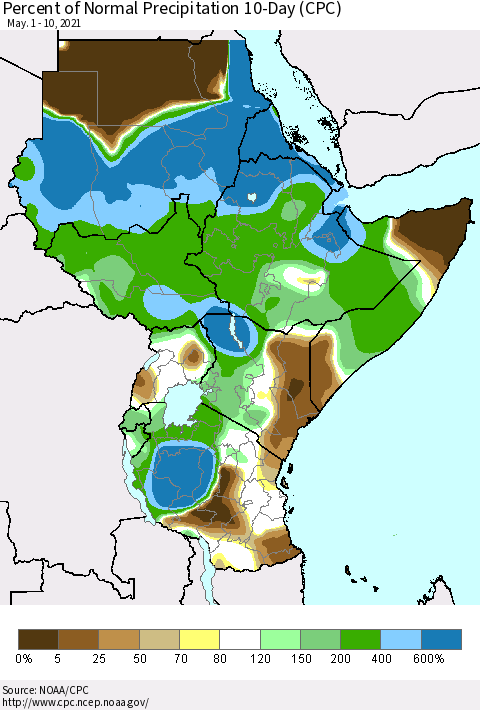 Eastern Africa Percent of Normal Precipitation 10-Day (CPC) Thematic Map For 5/1/2021 - 5/10/2021