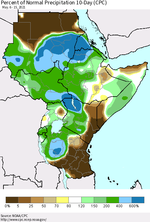 Eastern Africa Percent of Normal Precipitation 10-Day (CPC) Thematic Map For 5/6/2021 - 5/15/2021