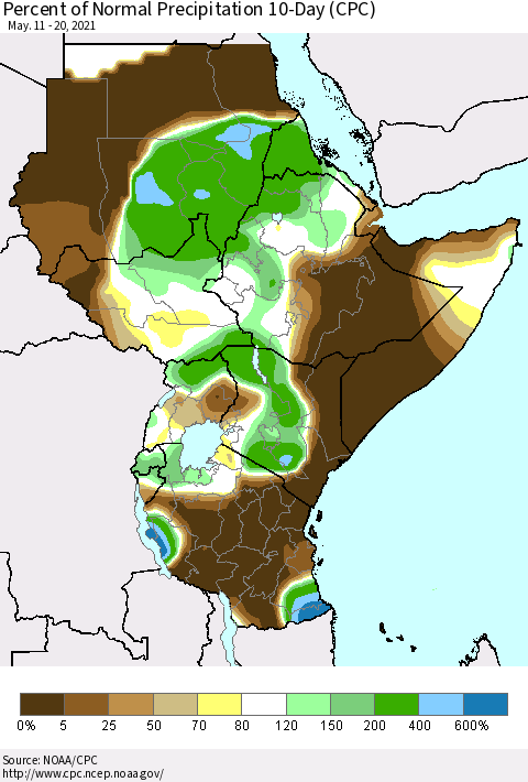Eastern Africa Percent of Normal Precipitation 10-Day (CPC) Thematic Map For 5/11/2021 - 5/20/2021