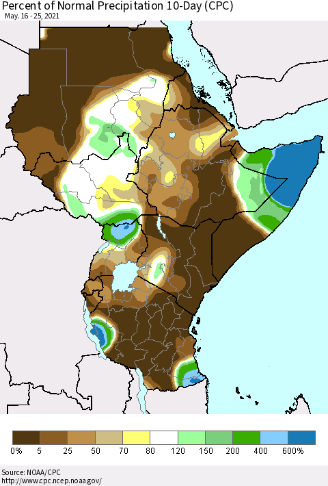 Eastern Africa Percent of Normal Precipitation 10-Day (CPC) Thematic Map For 5/16/2021 - 5/25/2021