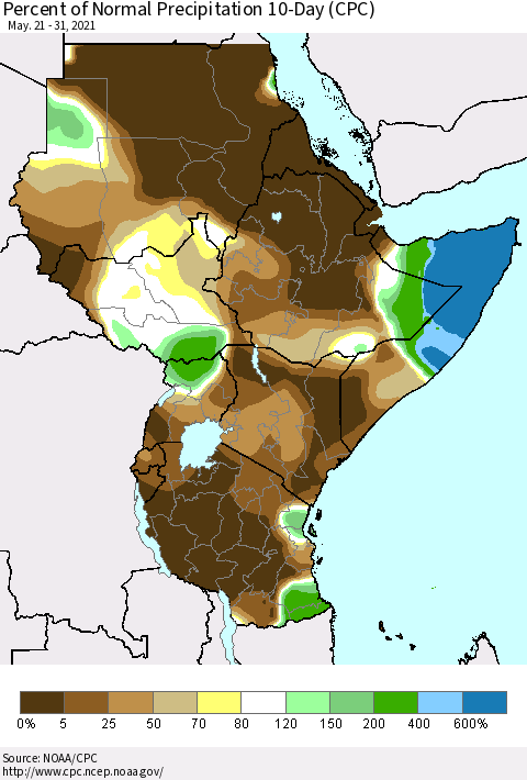 Eastern Africa Percent of Normal Precipitation 10-Day (CPC) Thematic Map For 5/21/2021 - 5/31/2021