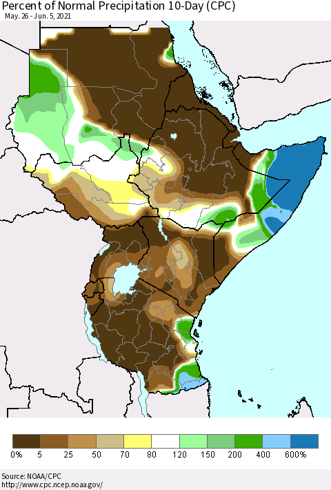 Eastern Africa Percent of Normal Precipitation 10-Day (CPC) Thematic Map For 5/26/2021 - 6/5/2021
