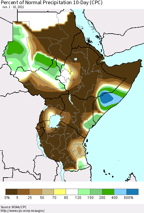 Eastern Africa Percent of Normal Precipitation 10-Day (CPC) Thematic Map For 6/1/2021 - 6/10/2021