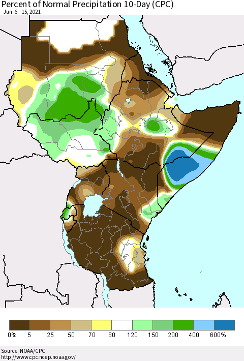 Eastern Africa Percent of Normal Precipitation 10-Day (CPC) Thematic Map For 6/6/2021 - 6/15/2021