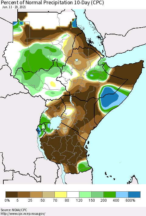 Eastern Africa Percent of Normal Precipitation 10-Day (CPC) Thematic Map For 6/11/2021 - 6/20/2021