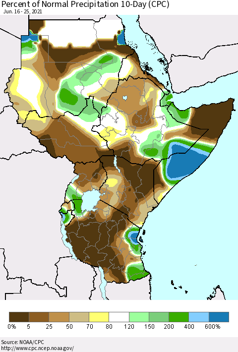 Eastern Africa Percent of Normal Precipitation 10-Day (CPC) Thematic Map For 6/16/2021 - 6/25/2021