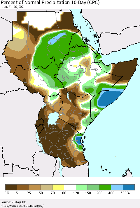 Eastern Africa Percent of Normal Precipitation 10-Day (CPC) Thematic Map For 6/21/2021 - 6/30/2021