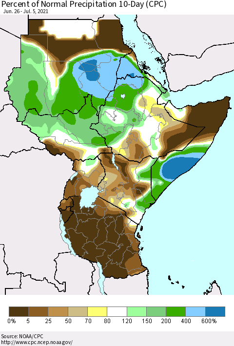Eastern Africa Percent of Normal Precipitation 10-Day (CPC) Thematic Map For 6/26/2021 - 7/5/2021