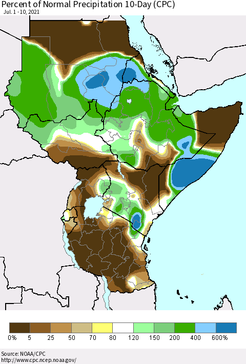 Eastern Africa Percent of Normal Precipitation 10-Day (CPC) Thematic Map For 7/1/2021 - 7/10/2021