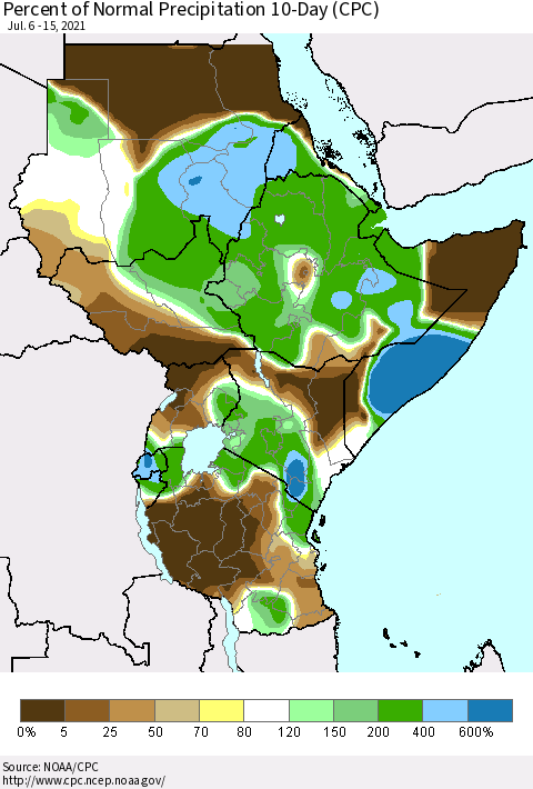 Eastern Africa Percent of Normal Precipitation 10-Day (CPC) Thematic Map For 7/6/2021 - 7/15/2021