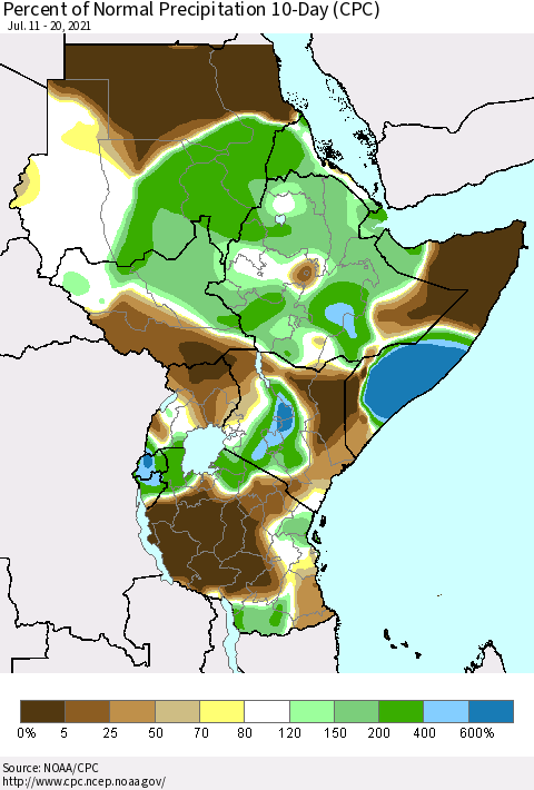 Eastern Africa Percent of Normal Precipitation 10-Day (CPC) Thematic Map For 7/11/2021 - 7/20/2021