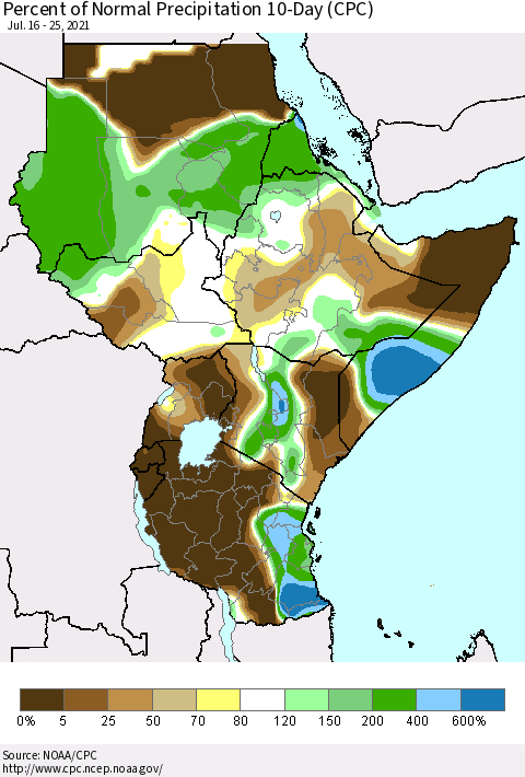 Eastern Africa Percent of Normal Precipitation 10-Day (CPC) Thematic Map For 7/16/2021 - 7/25/2021