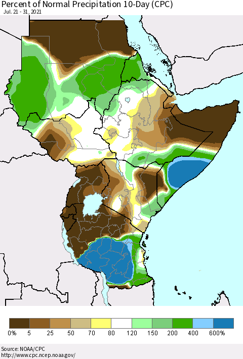 Eastern Africa Percent of Normal Precipitation 10-Day (CPC) Thematic Map For 7/21/2021 - 7/31/2021