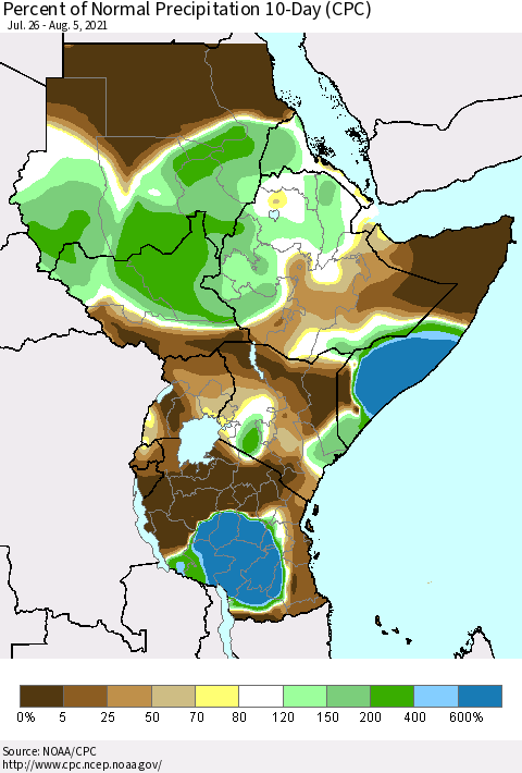Eastern Africa Percent of Normal Precipitation 10-Day (CPC) Thematic Map For 7/26/2021 - 8/5/2021