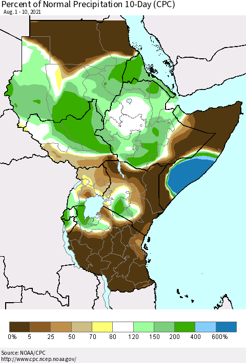 Eastern Africa Percent of Normal Precipitation 10-Day (CPC) Thematic Map For 8/1/2021 - 8/10/2021
