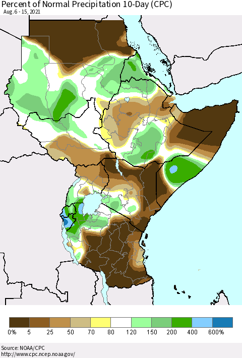 Eastern Africa Percent of Normal Precipitation 10-Day (CPC) Thematic Map For 8/6/2021 - 8/15/2021