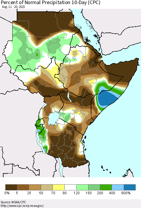 Eastern Africa Percent of Normal Precipitation 10-Day (CPC) Thematic Map For 8/11/2021 - 8/20/2021