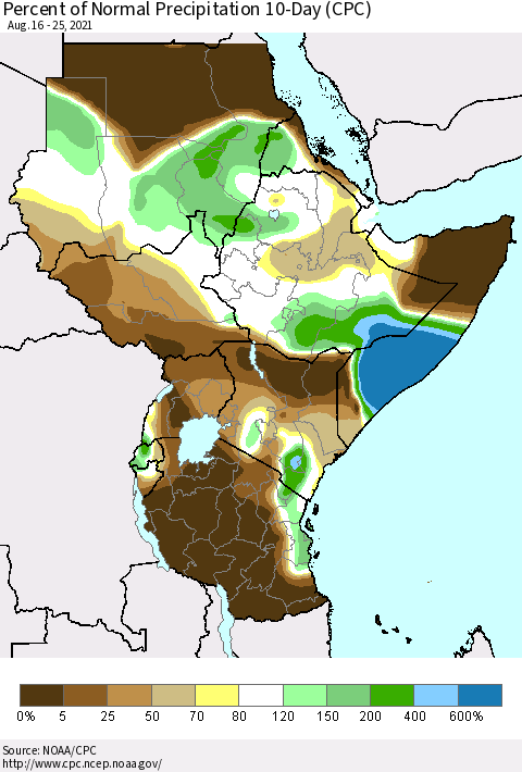 Eastern Africa Percent of Normal Precipitation 10-Day (CPC) Thematic Map For 8/16/2021 - 8/25/2021