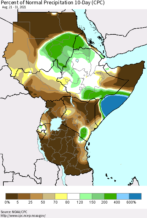 Eastern Africa Percent of Normal Precipitation 10-Day (CPC) Thematic Map For 8/21/2021 - 8/31/2021