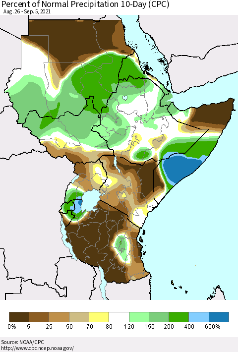 Eastern Africa Percent of Normal Precipitation 10-Day (CPC) Thematic Map For 8/26/2021 - 9/5/2021