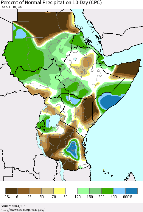 Eastern Africa Percent of Normal Precipitation 10-Day (CPC) Thematic Map For 9/1/2021 - 9/10/2021