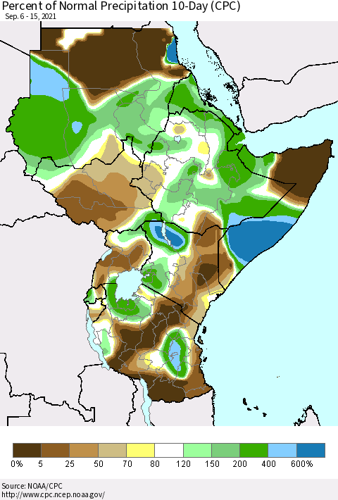 Eastern Africa Percent of Normal Precipitation 10-Day (CPC) Thematic Map For 9/6/2021 - 9/15/2021