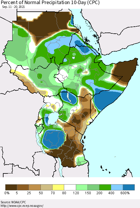 Eastern Africa Percent of Normal Precipitation 10-Day (CPC) Thematic Map For 9/11/2021 - 9/20/2021