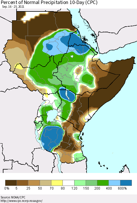 Eastern Africa Percent of Normal Precipitation 10-Day (CPC) Thematic Map For 9/16/2021 - 9/25/2021