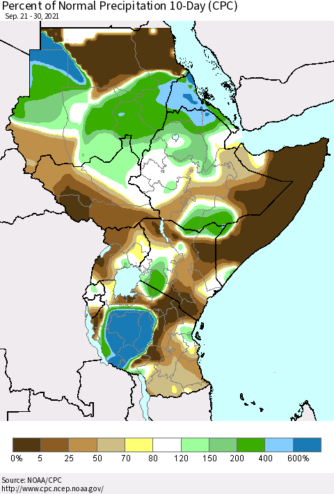 Eastern Africa Percent of Normal Precipitation 10-Day (CPC) Thematic Map For 9/21/2021 - 9/30/2021