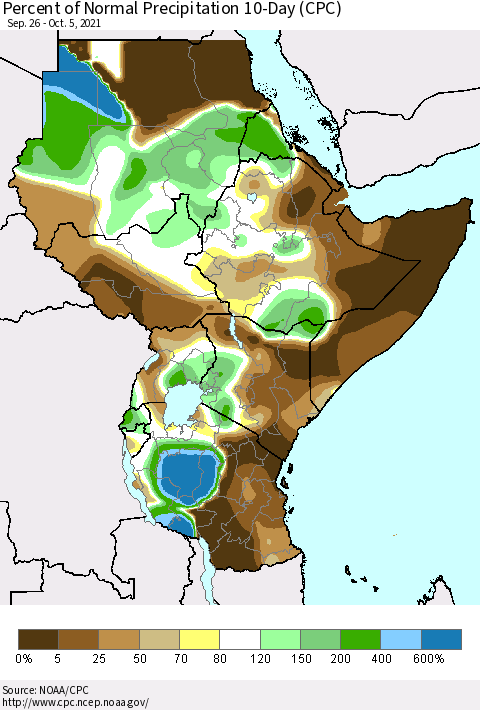 Eastern Africa Percent of Normal Precipitation 10-Day (CPC) Thematic Map For 9/26/2021 - 10/5/2021
