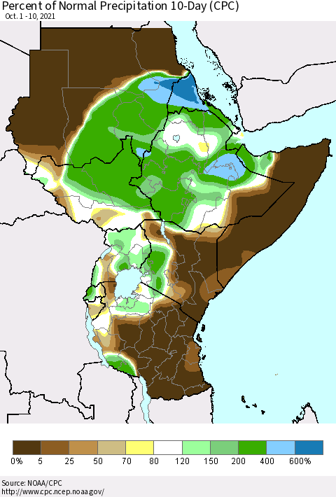 Eastern Africa Percent of Normal Precipitation 10-Day (CPC) Thematic Map For 10/1/2021 - 10/10/2021
