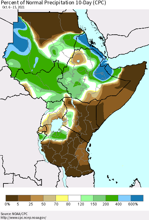 Eastern Africa Percent of Normal Precipitation 10-Day (CPC) Thematic Map For 10/6/2021 - 10/15/2021