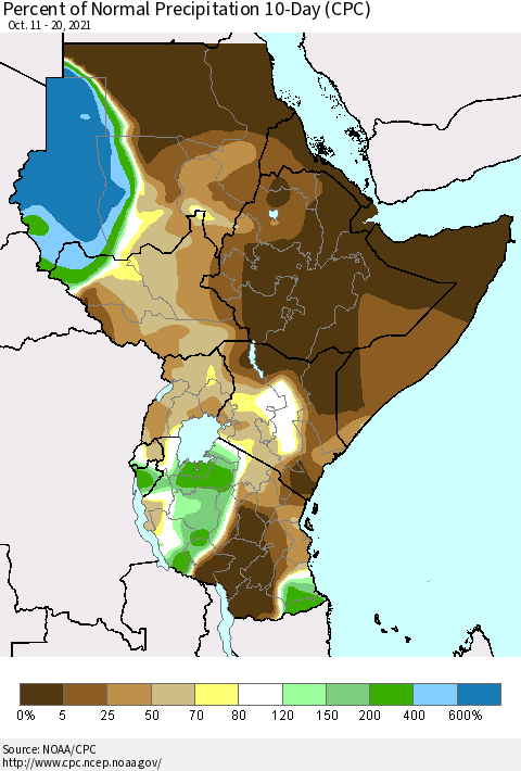 Eastern Africa Percent of Normal Precipitation 10-Day (CPC) Thematic Map For 10/11/2021 - 10/20/2021
