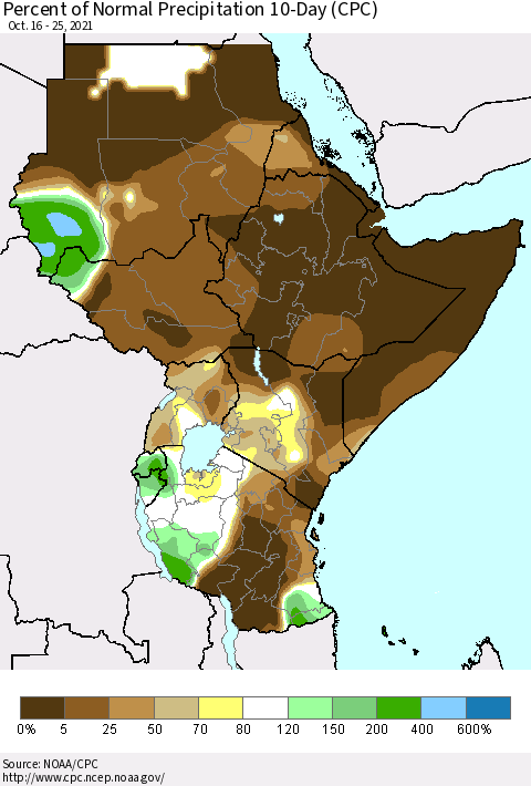 Eastern Africa Percent of Normal Precipitation 10-Day (CPC) Thematic Map For 10/16/2021 - 10/25/2021
