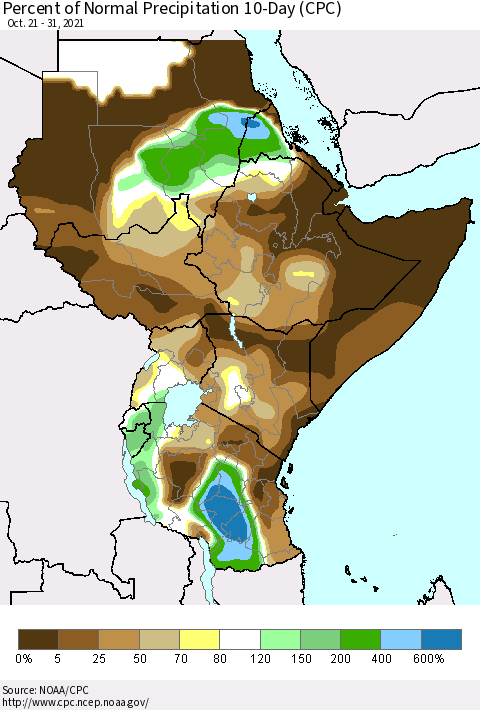 Eastern Africa Percent of Normal Precipitation 10-Day (CPC) Thematic Map For 10/21/2021 - 10/31/2021
