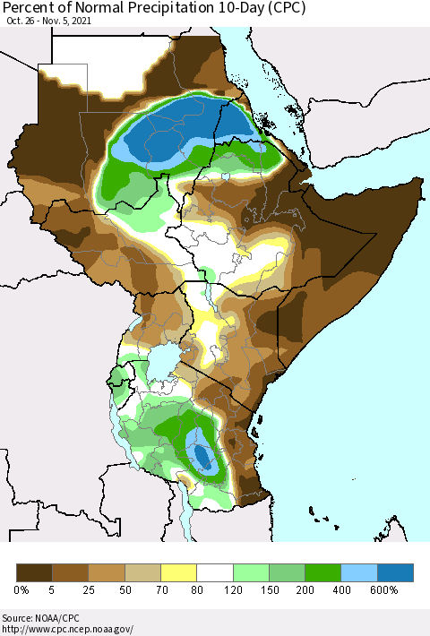 Eastern Africa Percent of Normal Precipitation 10-Day (CPC) Thematic Map For 10/26/2021 - 11/5/2021