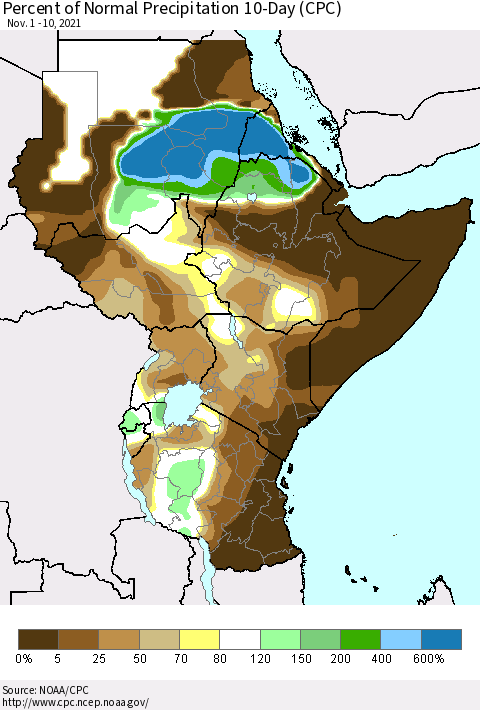 Eastern Africa Percent of Normal Precipitation 10-Day (CPC) Thematic Map For 11/1/2021 - 11/10/2021