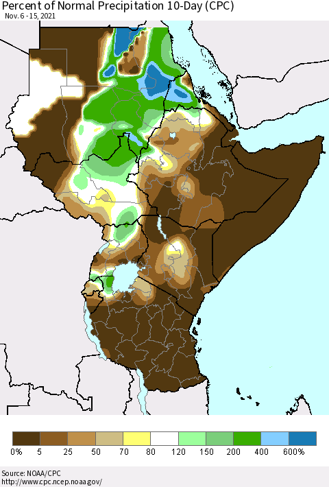 Eastern Africa Percent of Normal Precipitation 10-Day (CPC) Thematic Map For 11/6/2021 - 11/15/2021