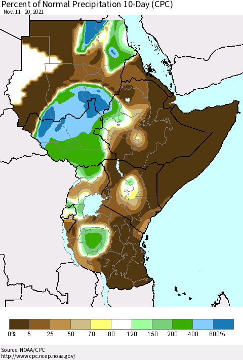 Eastern Africa Percent of Normal Precipitation 10-Day (CPC) Thematic Map For 11/11/2021 - 11/20/2021