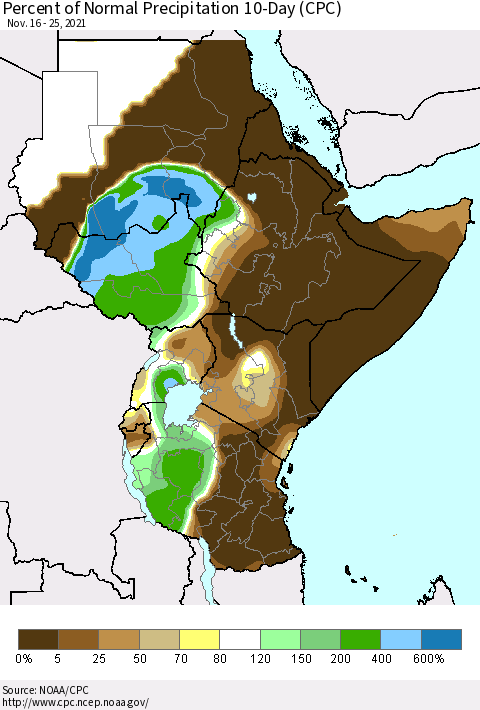 Eastern Africa Percent of Normal Precipitation 10-Day (CPC) Thematic Map For 11/16/2021 - 11/25/2021
